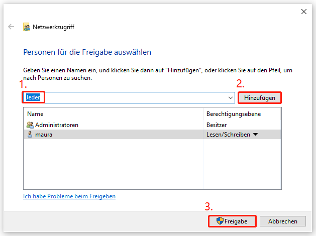Ordner mit „Jeder“ freigeben