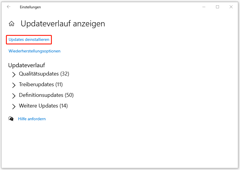 klicken Sie im Fenster „Updateverlauf anzeigen“ auf den Link „Updates deinstallieren“