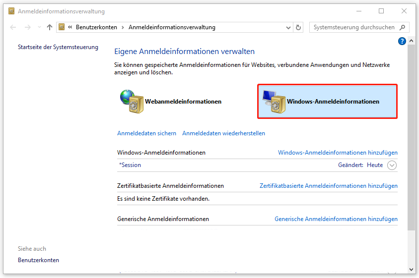 klicken Sie in der „Anmeldeinformationsverwaltung“ auf „Windows-Anmeldeinformationen“