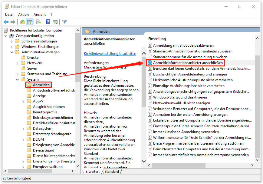 im Editor für lokale Gruppenrichtlinien auf „Anmeldeinformationsanbieter ausschließen“ doppelklicken