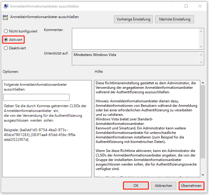 „Anmeldeinformationsanbieter ausschließen“ aktivieren, indem Sie die Option „Aktiviert“ wählen