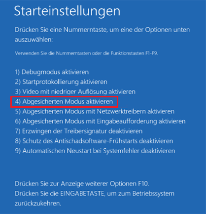 zum Aktivieren des abgesicherten Modus drücken Sie F4