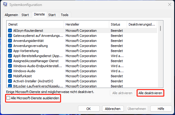 Öffnen Sie die Systemkonfiguration, deaktivieren Sie das Kontrollkästchen Alle Microsoft-Dienste ausblenden und klicken Sie auf Alle deaktivieren.