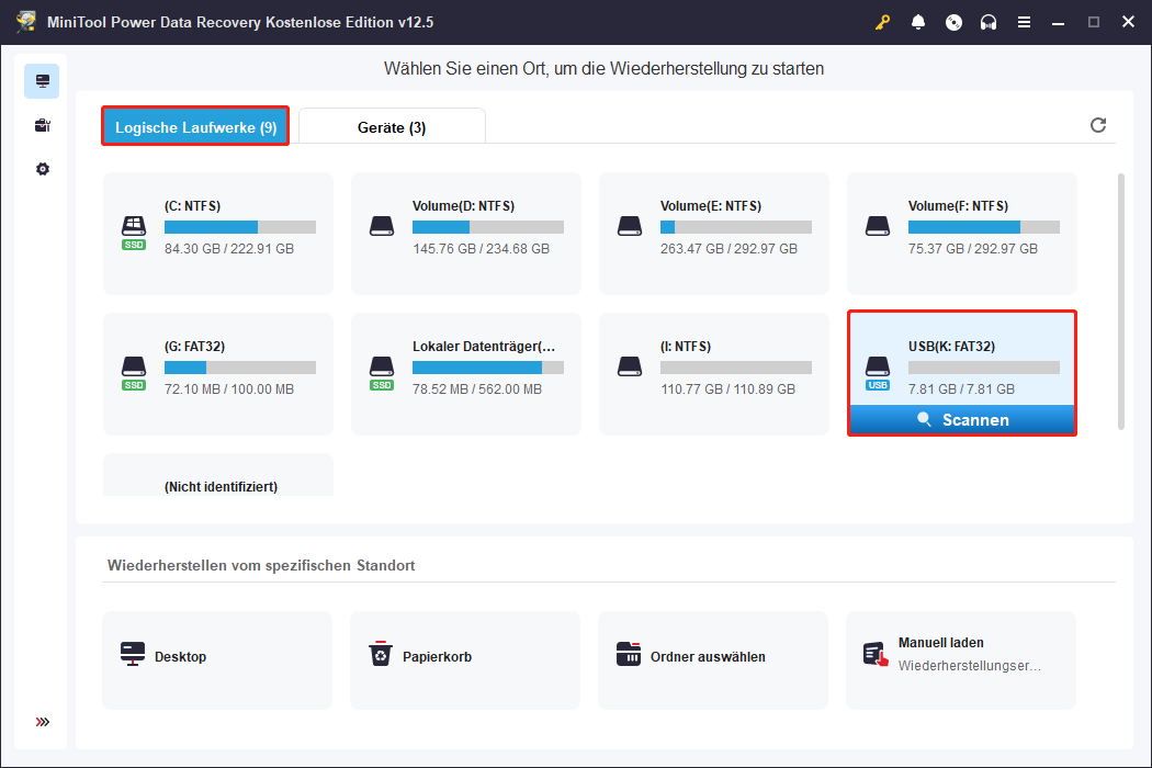 Wählen Sie eine Partition aus, und klicken Sie auf die Schaltfläche Scannen