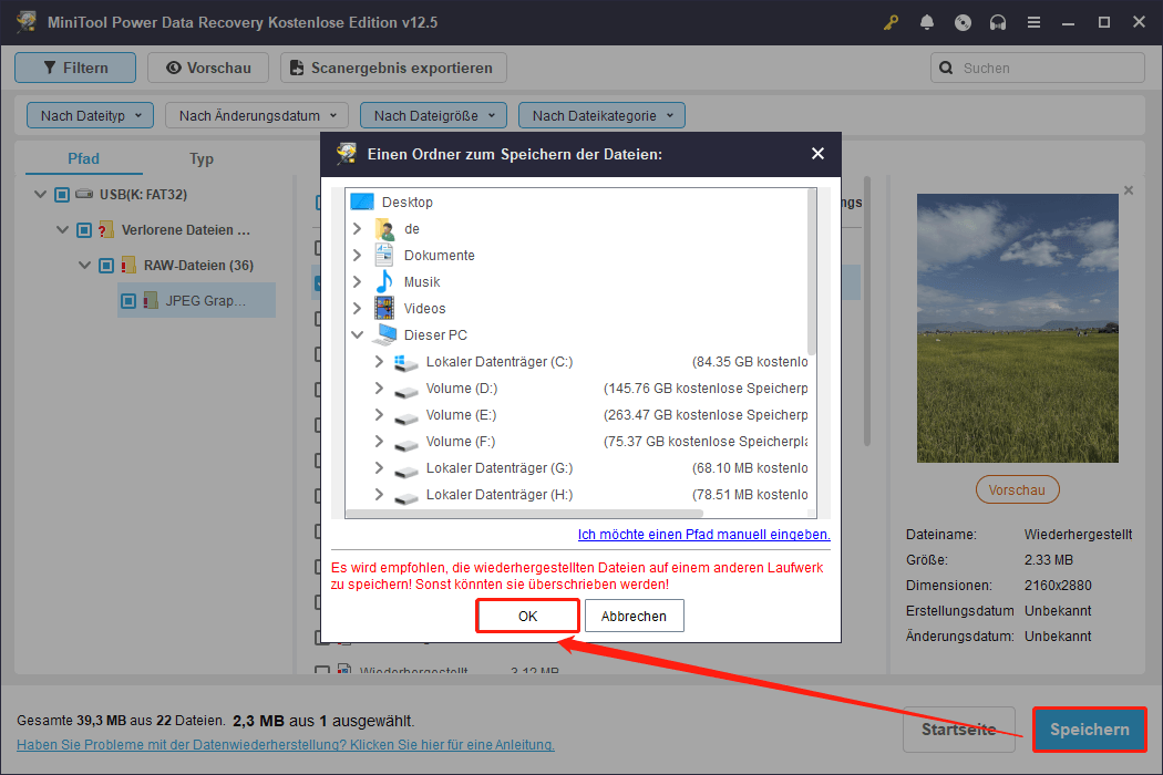 Speichern Sie die markierten Dateien in einem neuen Verzeichnis in MiniTool Power Data Recovery