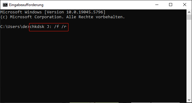 Führen Sie den CHKDSK-Befehl aus, um das Laufwerk J in der Eingabeaufforderung zu reparieren