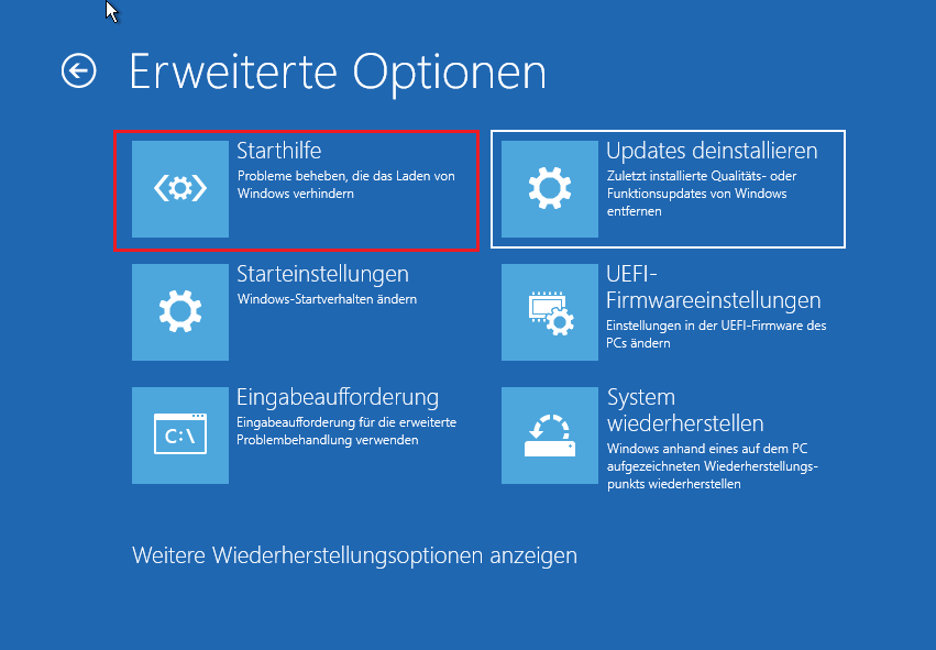 „Starthilfe“ auf der Seite „Erweiterte Optionen“ auswählen