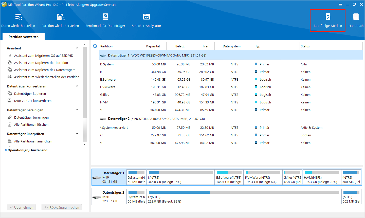klicken Sie in MiniTool Partition Wizard auf „Bootfähige Medien“