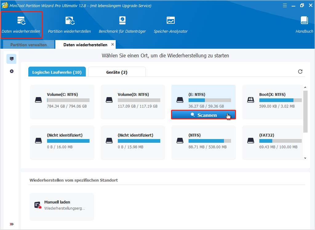 klicken Sie in MiniTool Partition Wizard Bootfähig auf „Daten wiederherstellen“ und wählen Sie ein Laufwerk zum Scannen aus