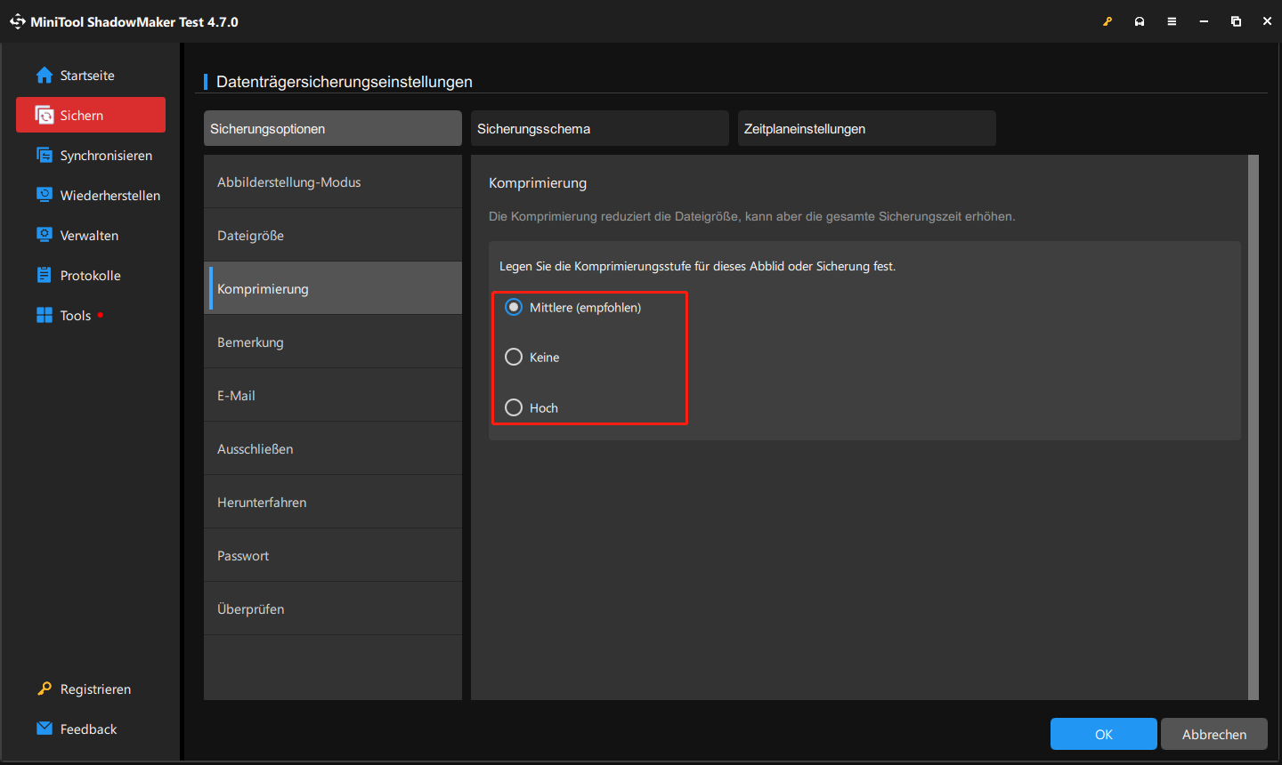 Komprimierungsoptionen in MiniTool ShadowMaker für das System-Backup-Image