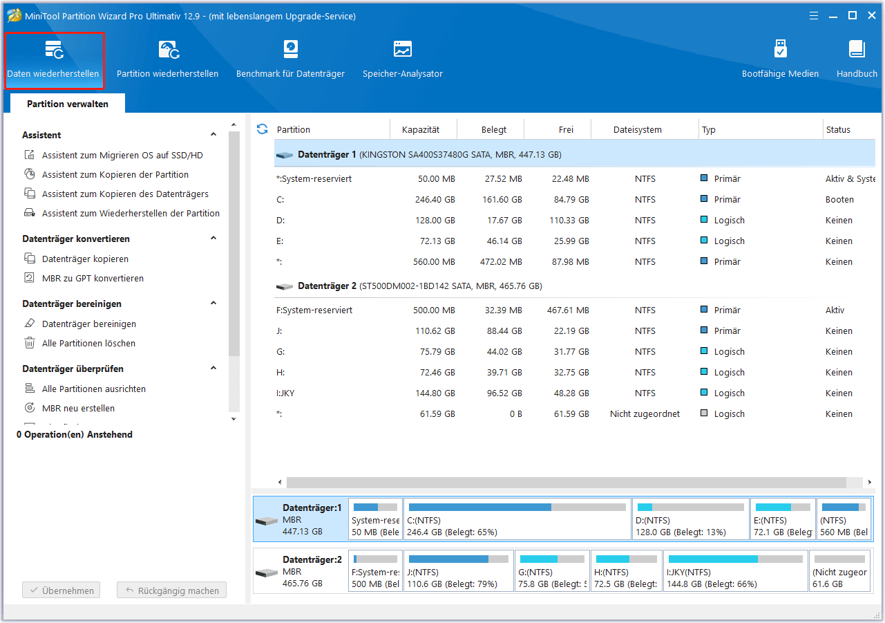 klicken Sie auf Daten wiederherstellen in MiniTool Partition Wizard