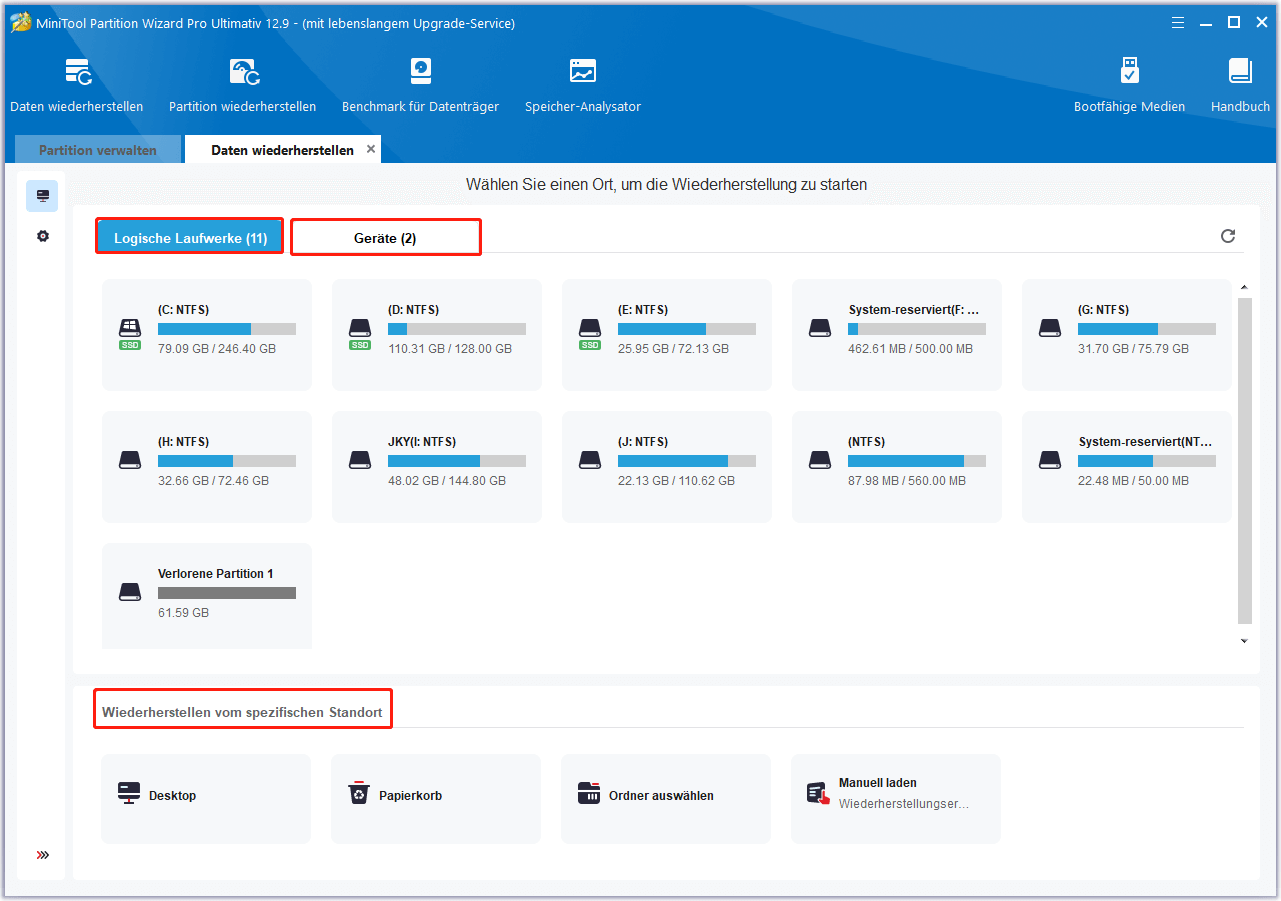 Die Datenwiederherstellungsschnittstelle von MiniTool Partition Wizard