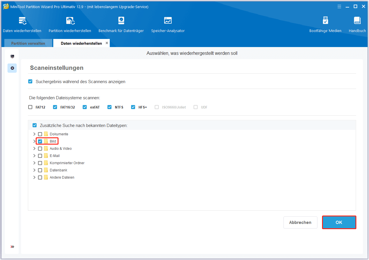 Einstellung in MiniTool Partition Wizard festlegen und klicken Sie auf OK