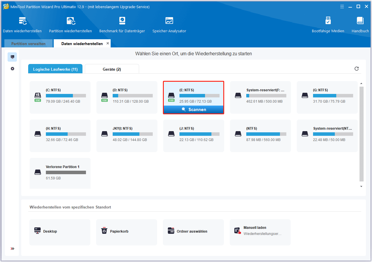 klicken Sie auf Scannen in MiniTool Partition Wizard