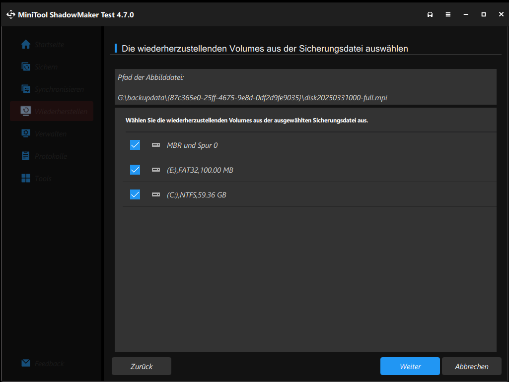 wiederherzustellende Volumes aus der Sicherungsdatei auswählen