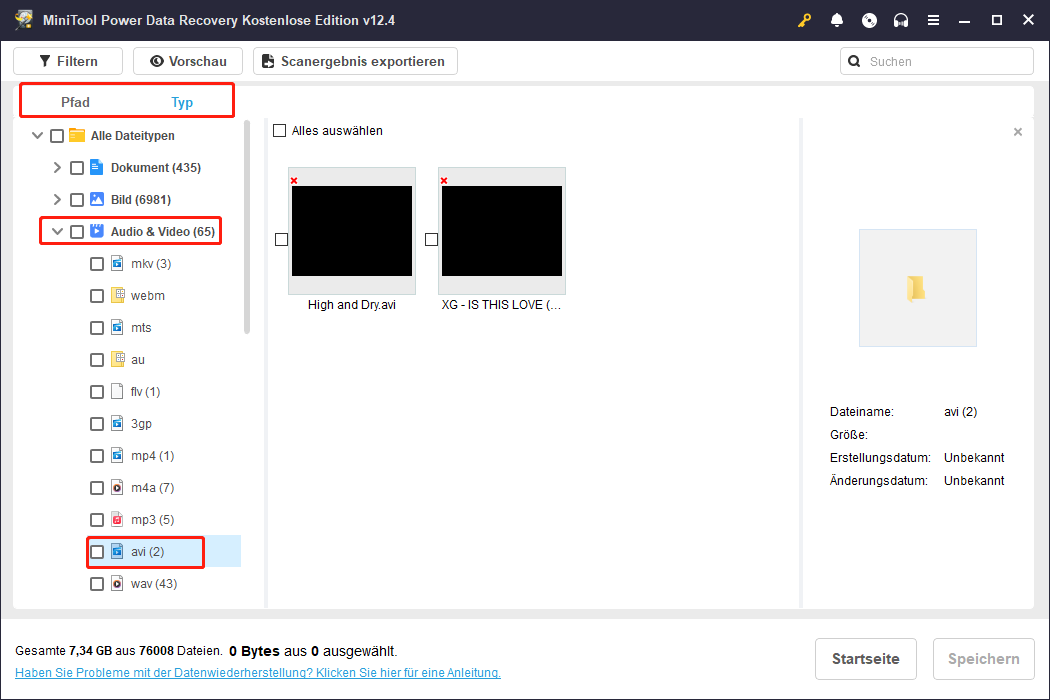 AVI‑Videodateien sind unter der Kategorie Audio & Video in der Registerkarte Typ von MiniTool Power Data Recovery aufgelistet