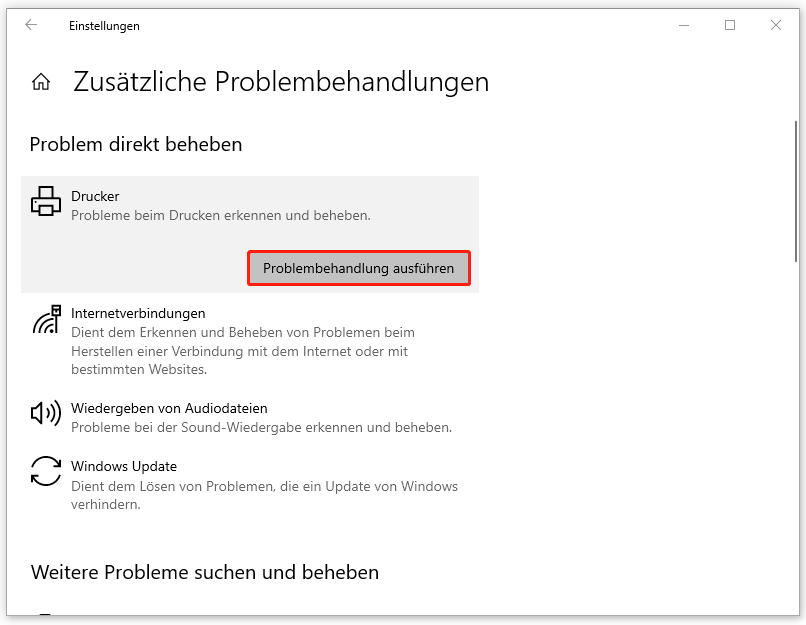 zum Ausführen der Windows 10 Hardwareproblembehandlung klicken Sie in der App „Einstellungen“ auf die Schaltfläche „Problembehandlung ausführen“