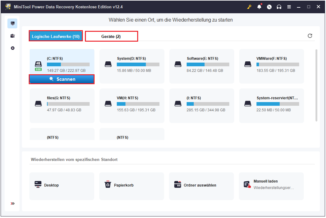 Wählen Sie in MiniTool Power Data Recovery ein Laufwerk zum Scannen aus