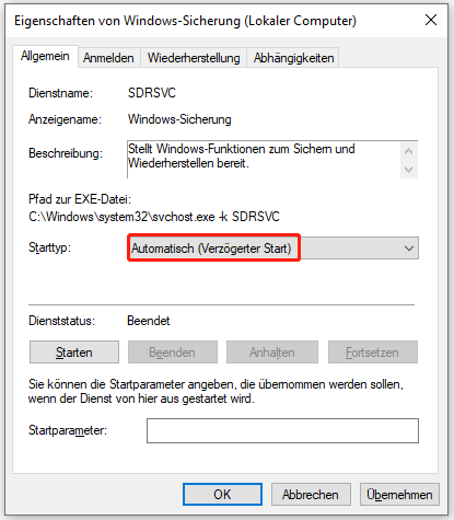 Markieren Sie den Windows-Sicherungsdienst.