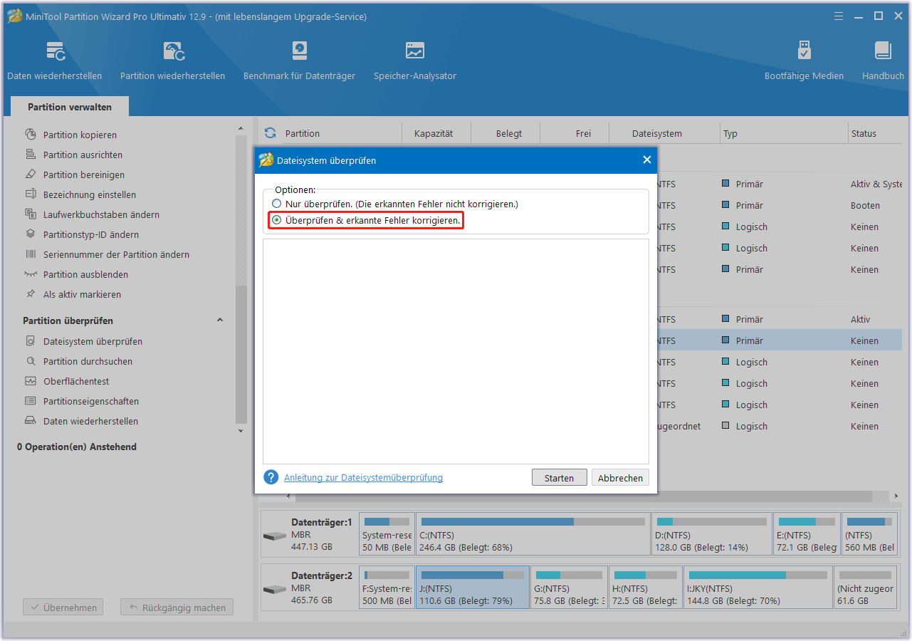 Die Funktion Überprüfen & Erkannte Fehler korrigieren von MiniTool Partition Wizard verwenden