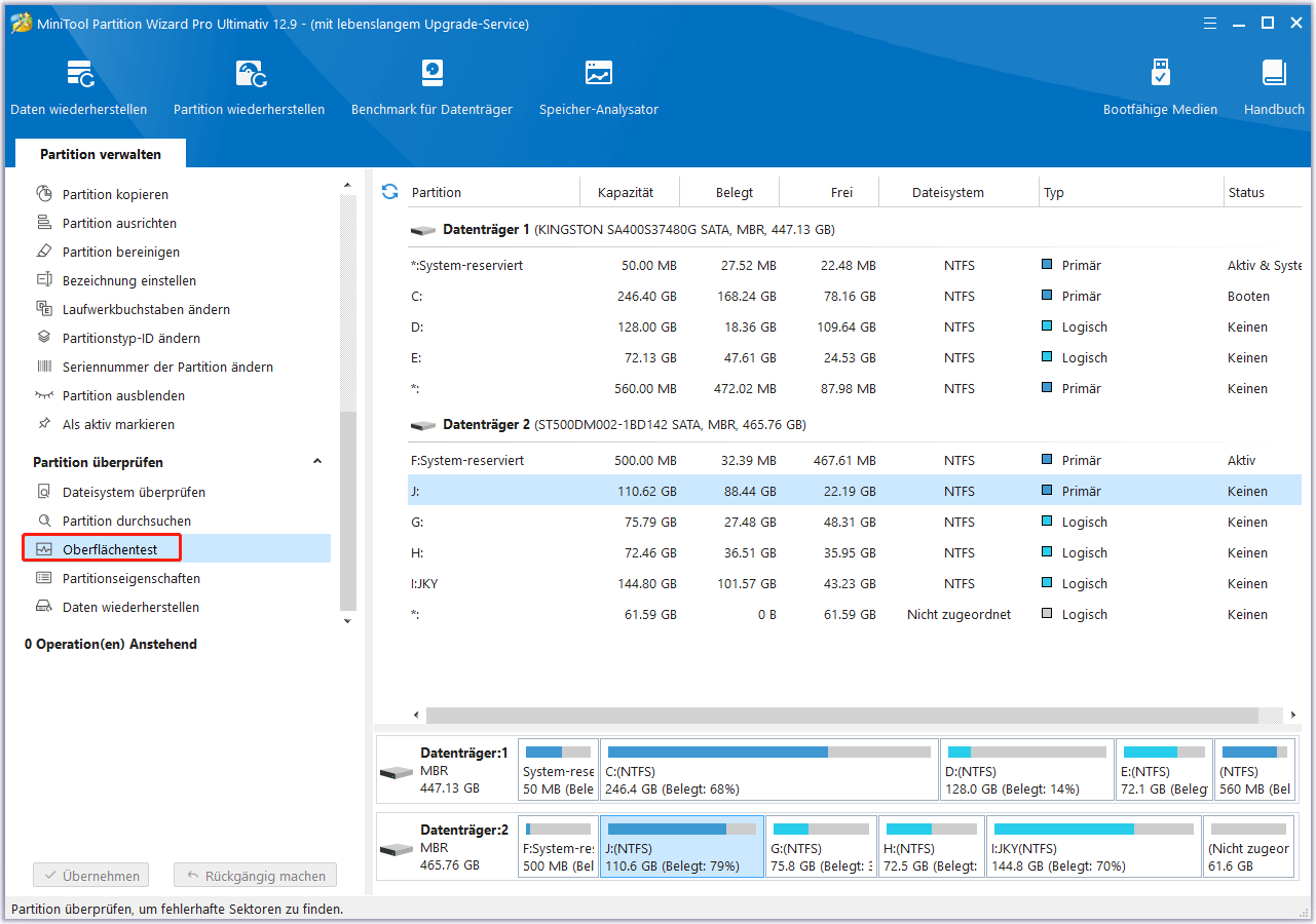 Wählen Sie Oberflächentest von MiniTool Partition Wizard