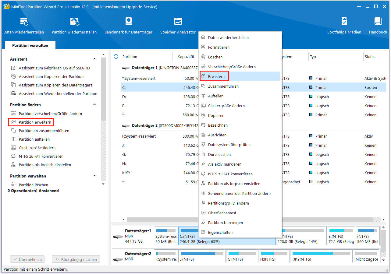 Wählen Sie Partition erweitern in MiniTool Partition Wizard