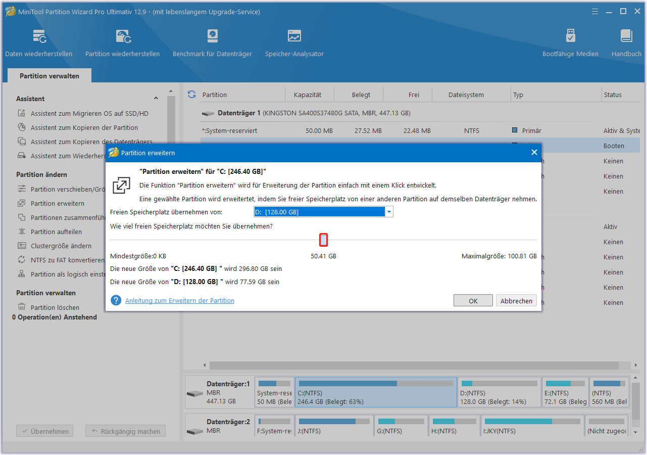 Verwenden Sie Partition erweitern, um mehr Speicherplatz zu erhalten