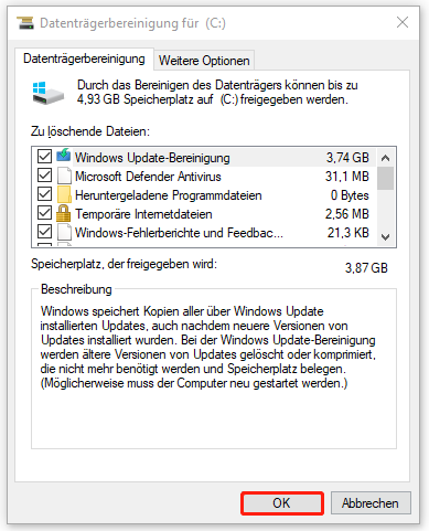 wählen Sie in der Datenträgerbereinigung die zu löschenden Dateien aus