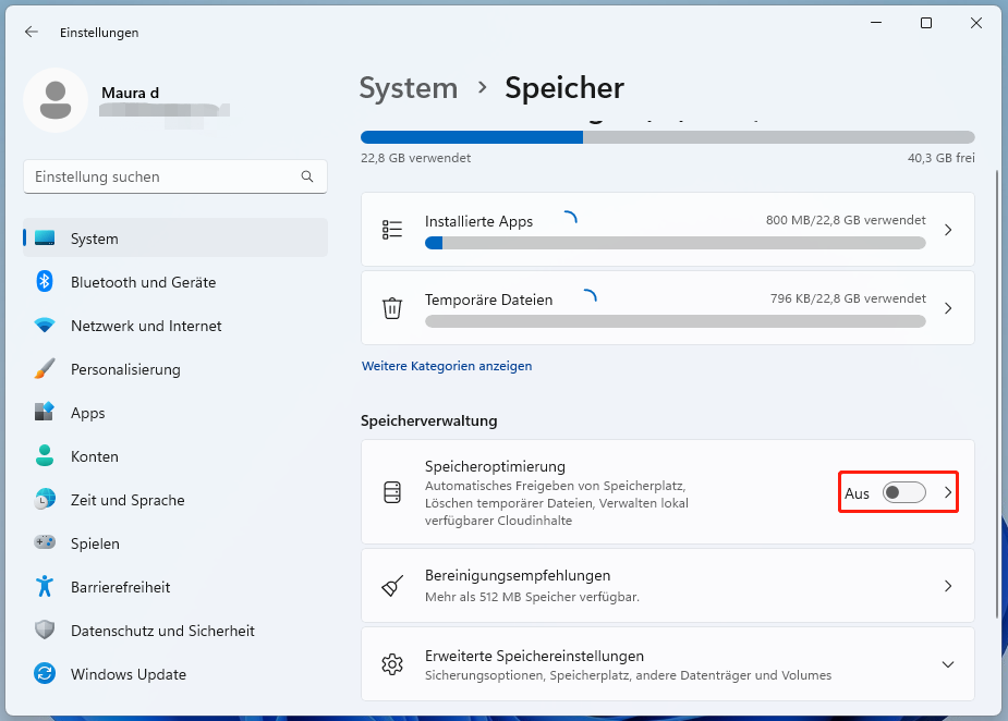 Speicheroptimierung in Windows 11 über die Windows-Einstellungen aktivieren