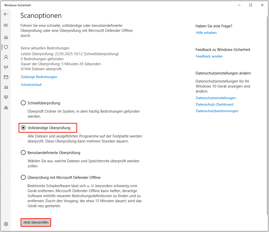 Mit Windows Sicherheit vollständige Überprüfung durchführen