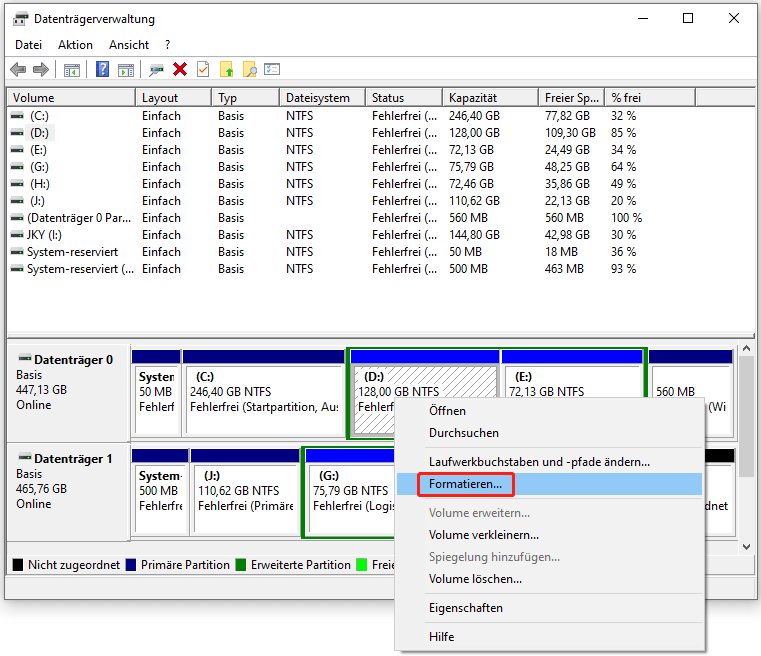 Wählen Sie die Ziel-NTFS-Partition und klicken Sie auf Formatieren