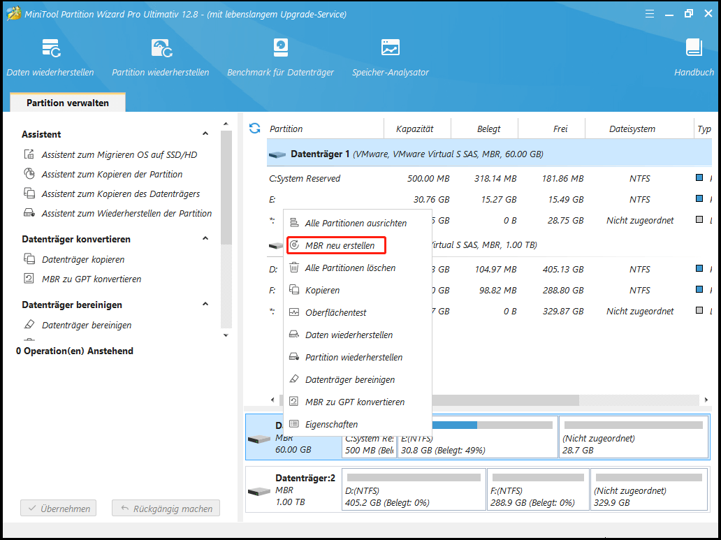 Wählen Sie den Zieldatenträger und klicken Sie auf MBR neu erstellen in Partition Manager