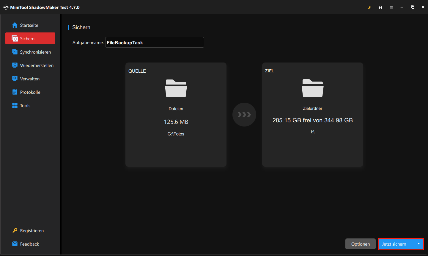 zum Start des Foto-Backups klicken Sie in MiniTool ShadowMaker auf „Jetzt sichern“