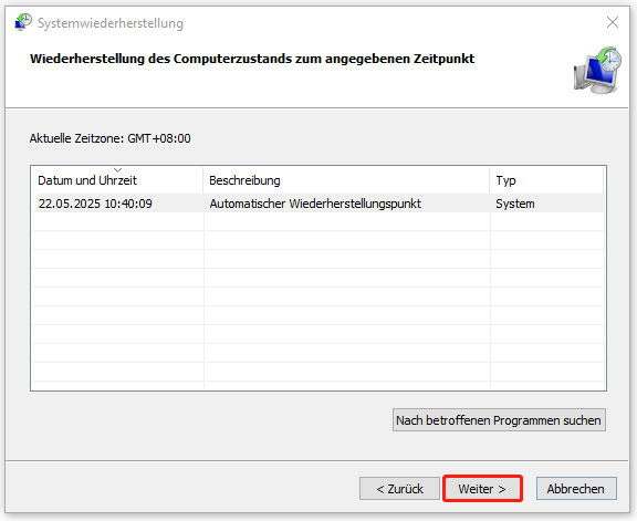 einen Wiederherstellungspunkt in der Systemwiederherstellung auswählen