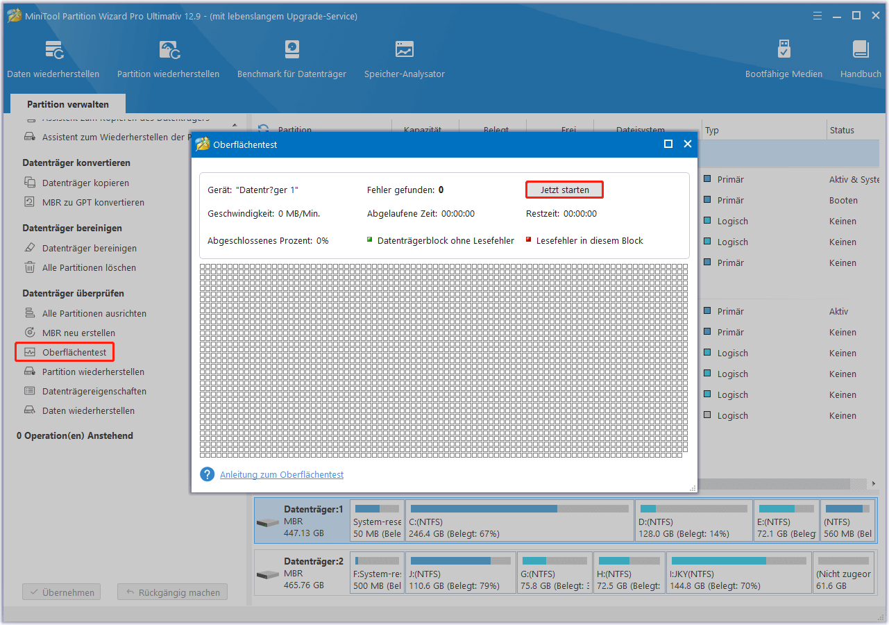 Wählen Sie Oberflächentest in MiniTool Partition Wizard