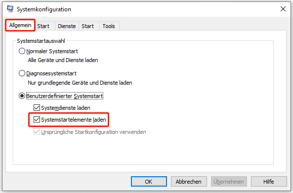Deaktivieren Sie das Kontrollkästchen Startelemente laden.