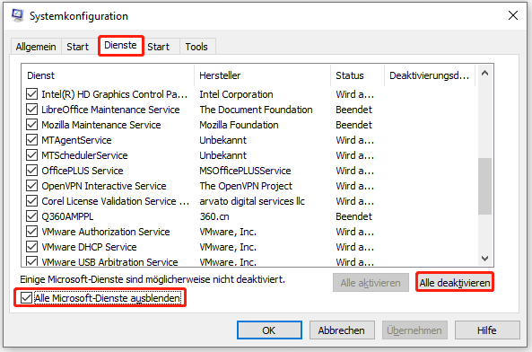 alle Microsoft-Dienste ausblenden