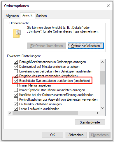 Anzeige von versteckten Dateien und Ordnern aktivieren