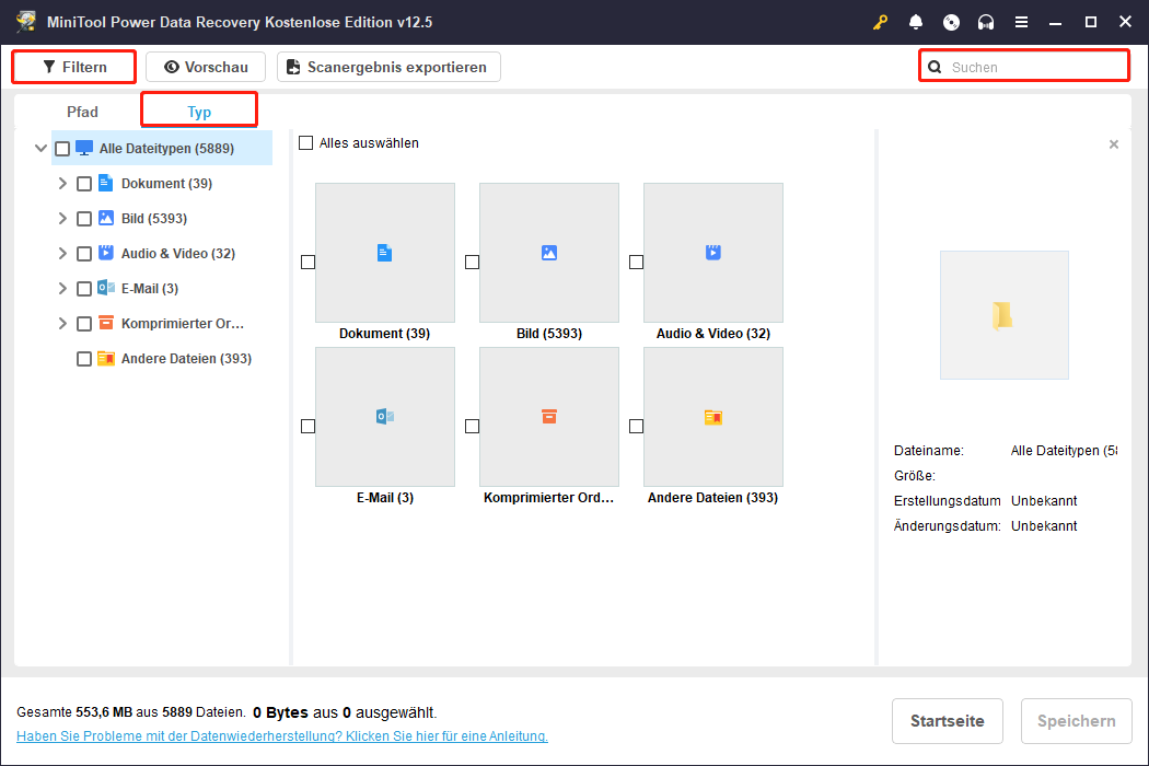 Verwenden Sie Filtern, Typ oder Suchen, um Zieldateien in MiniTool Power Data Recovery finden