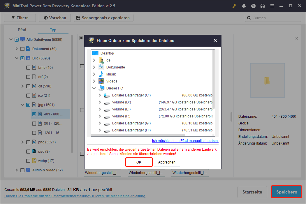 Zieldateien an einem neuen Ort in MiniTool Power Data Recovery speichern