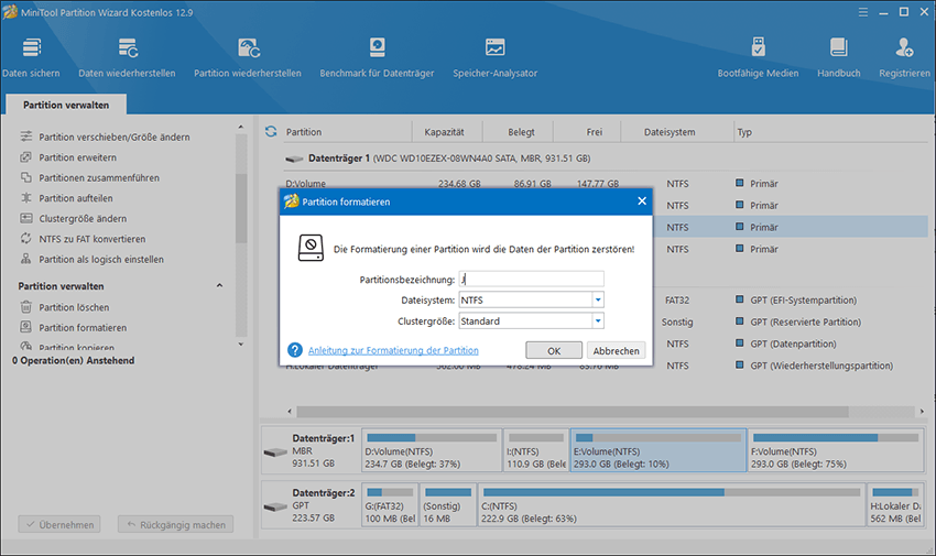 Wählen Sie in der linken Seitenleiste unter dem Reiter Partition verwalten die Option Partition formatieren