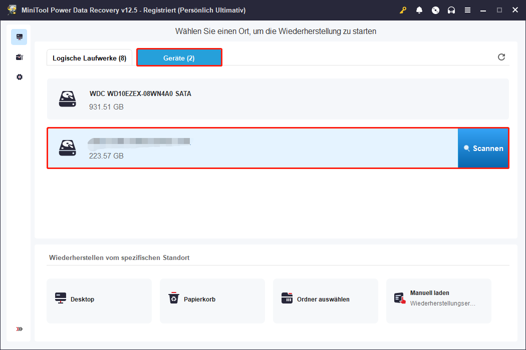 Klicken Sie auf die Schaltfläche Scannen, um den Wiederherstellungsprozess in MiniTool Power Data Recovery zu starten