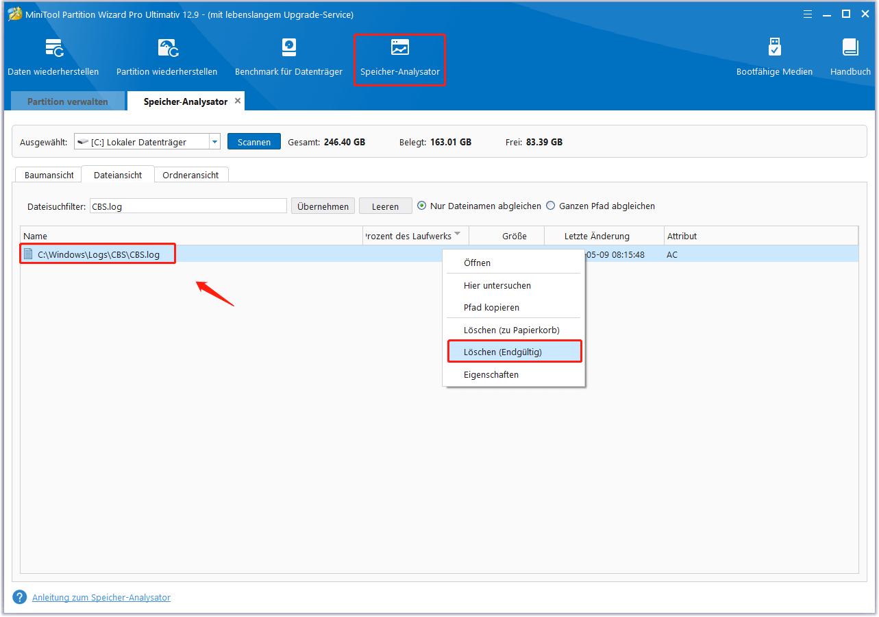 CBS.log-Datei mit Partition Magic löschen