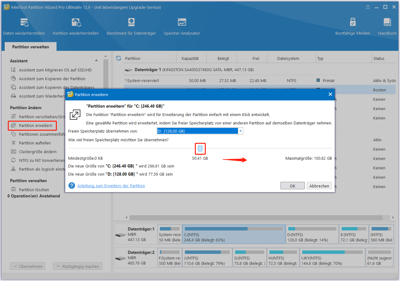 Vergrößern der C-Partition mit Partition Manager