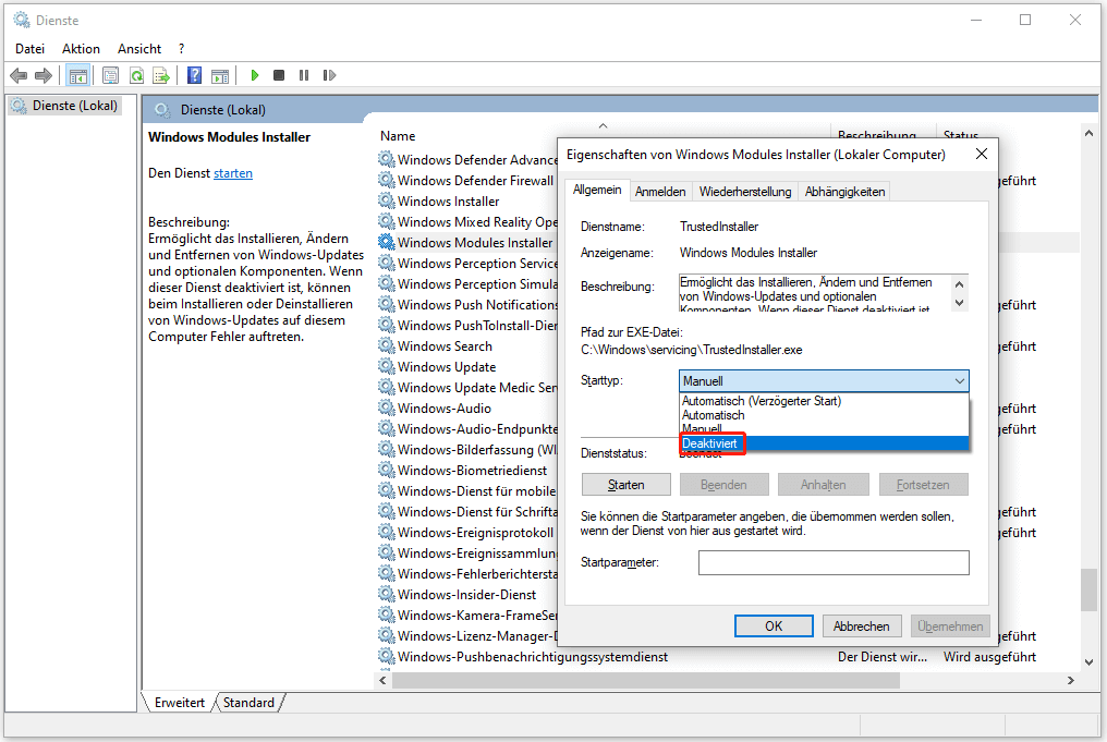 Windows Modules Installer-Dienst deaktivieren