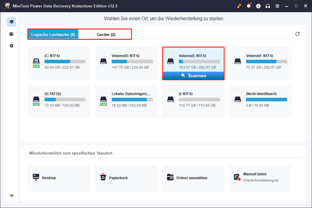 Wählen und scannen Sie die Partition mit MiniTool Power Data Recovery