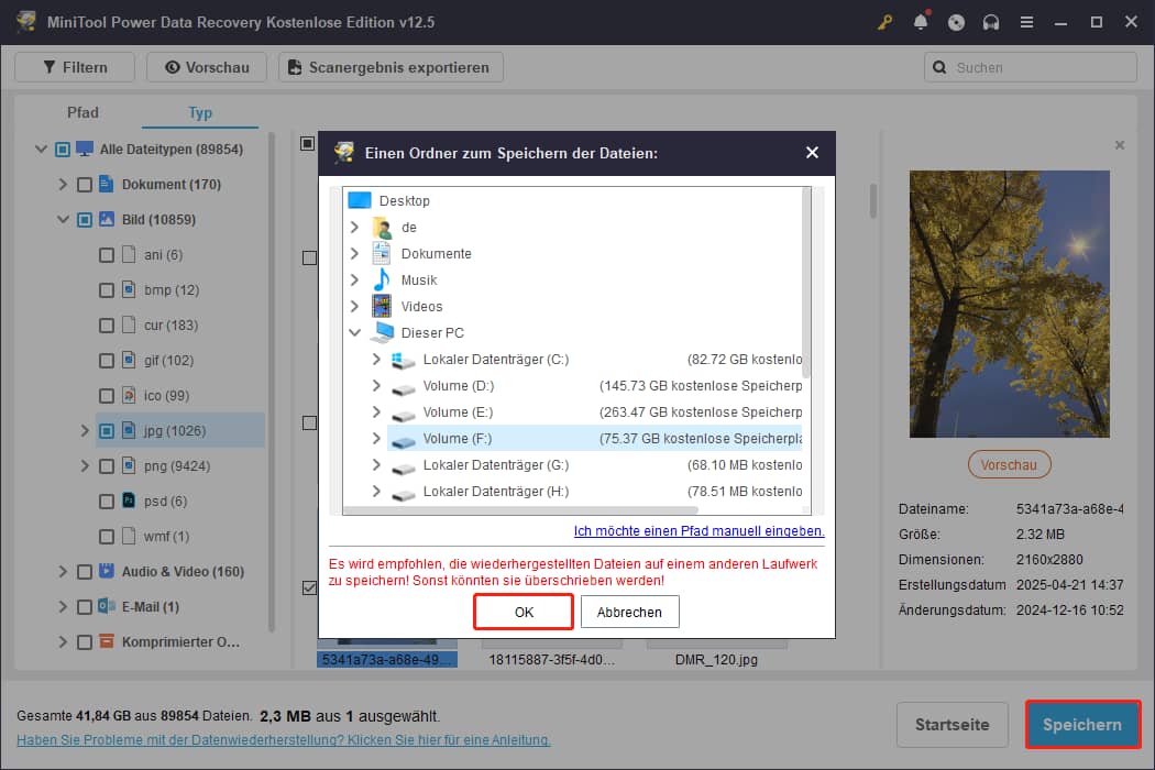 Dateien an einem neuen Speicherort mit MiniTool Power Data Recovery speichern