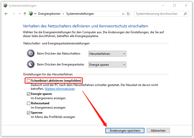 Option „Schnellstart aktivieren“ deaktivieren