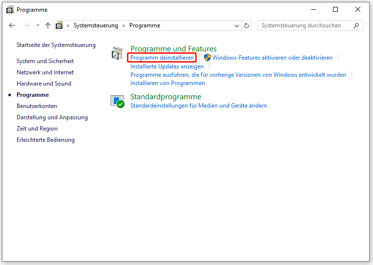 zur Deinstallation von Programmen klicken Sie in der Systemsteuerung auf „Programm deinstallieren“