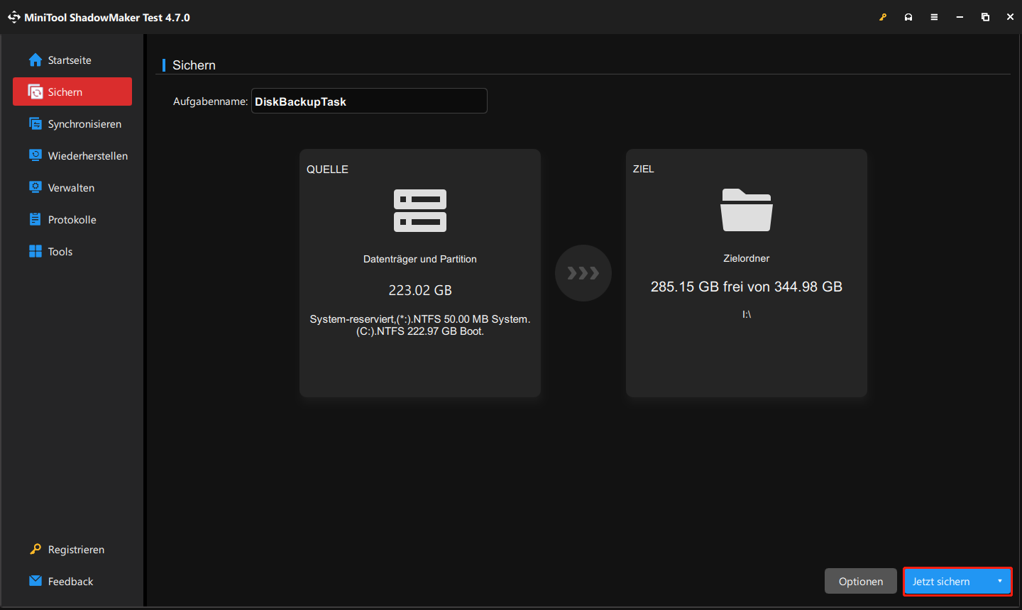 klicken Sie in MiniTool ShadowMaker auf „Jetzt sichern“, um das Betriebssystem sofort zu sichern